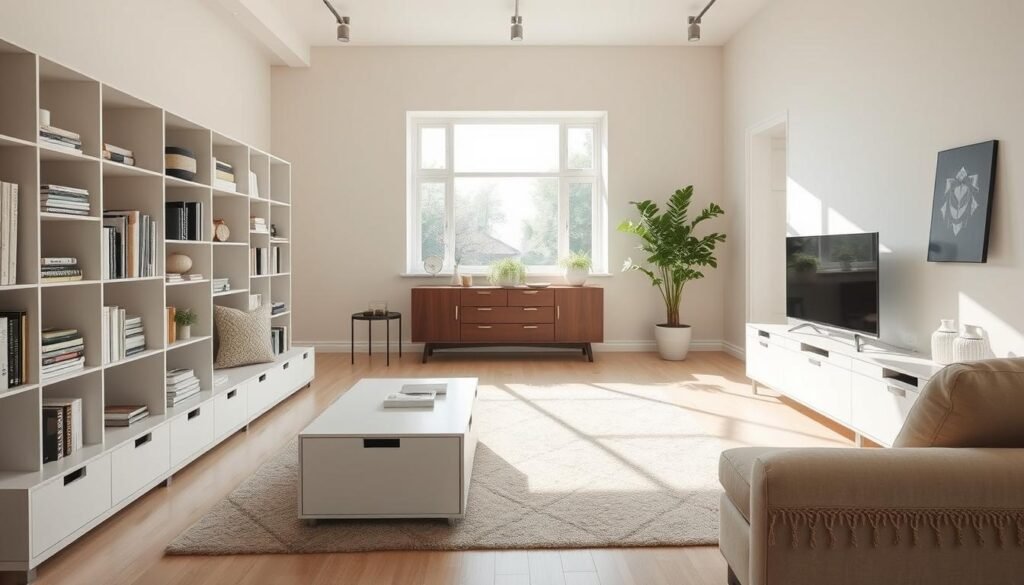 A modern, clutter-free living room featuring innovative storage solutions. In the foreground, sleek modular furniture with built-in shelves displaying neatly organized books and decorative items. The middle section showcases a stylish coffee table with drawers and a minimalist sideboard against the wall, both enhancing the space's functionality. In the background, a large window permits bright natural light to flood the room, illuminating soft color palettes and airy textures. A cozy rug anchors the space, complementing a few potted plants. The atmosphere is inviting and serene, conveying a harmonious balance between style and organization. Captured with a wide-angle lens to emphasize the open layout, the image should have soft sunlight casting gentle shadows, promoting a tranquil and comfortable living environment.