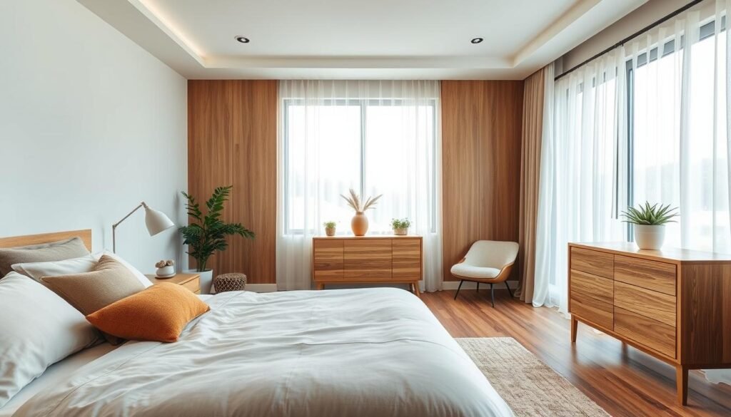 A modern contemporary bedroom design featuring a cozy, inviting atmosphere that adds warmth without heaviness. In the foreground, a plush king-sized bed with soft, muted bedding and decorative pillows in earthy tones. The middle layer showcases elegant wooden furniture, including a stylish nightstand and a minimalist dresser, beautifully complemented by small potted plants. The backdrop reveals a large window draped in sheer curtains, allowing bright natural light to flood the room, illuminating warm wood tones and light pastel wall colors. A soft rug lies beneath the bed, and the overall effect is airy and well-lit, evoking a sense of comfort and tranquility, perfect for a restful retreat. Aim for a wide-angle perspective to capture the harmonious balance of design elements. A modern contemporary bedroom design featuring a cozy, inviting atmosphere that adds warmth without heaviness. In the foreground, a plush king-sized bed with soft, muted bedding and decorative pillows in earthy tones. The middle layer showcases elegant wooden furniture, including a stylish nightstand and a minimalist dresser, beautifully complemented by small potted plants. The backdrop reveals a large window draped in sheer curtains, allowing bright natural light to flood the room, illuminating warm wood tones and light pastel wall colors. A soft rug lies beneath the bed, and the overall effect is airy and well-lit, evoking a sense of comfort and tranquility, perfect for a restful retreat. Aim for a wide-angle perspective to capture the harmonious balance of design elements.