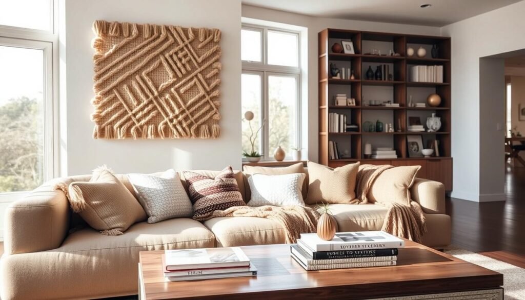 A modern living room designed to showcase the interplay of acoustics and textiles, featuring an inviting sofa adorned with textured cushions and a soft, woven throw. In the foreground, a stylish acoustic panel made of natural fibers hangs on the wall, demonstrating sound-absorbing qualities. The middle ground reveals a sleek wooden coffee table with decor that complements the textile theme, including a stack of design books and a small indoor plant. Soft sunlight filters through large windows, casting warm, airy light across the room and highlighting the intricate patterns of the textiles. The background displays a well-organized bookshelf filled with artful objects, emphasizing a harmonious ambiance. The overall mood is calm and cozy, inviting viewers to contemplate how acoustics can impact comfort in a beautifully designed space. A modern living room designed to showcase the interplay of acoustics and textiles, featuring an inviting sofa adorned with textured cushions and a soft, woven throw. In the foreground, a stylish acoustic panel made of natural fibers hangs on the wall, demonstrating sound-absorbing qualities. The middle ground reveals a sleek wooden coffee table with decor that complements the textile theme, including a stack of design books and a small indoor plant. Soft sunlight filters through large windows, casting warm, airy light across the room and highlighting the intricate patterns of the textiles. The background displays a well-organized bookshelf filled with artful objects, emphasizing a harmonious ambiance. The overall mood is calm and cozy, inviting viewers to contemplate how acoustics can impact comfort in a beautifully designed space.