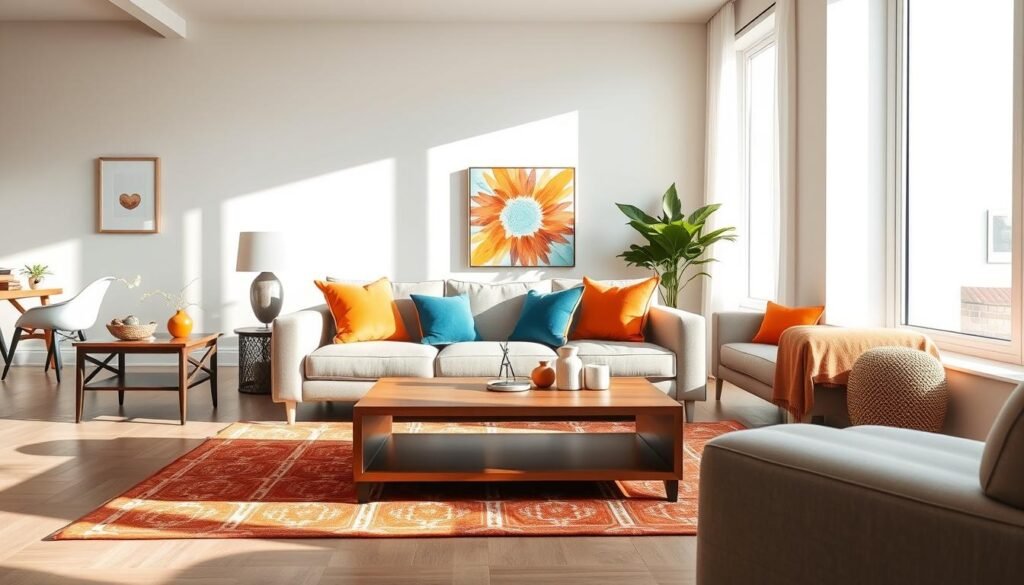 A modern living room showcasing color balance, featuring a well-coordinated palette of soft blues, warm oranges, and neutral tones. In the foreground, a plush, neutral-colored sofa with vibrant accent pillows sits centered on a stylish area rug. To one side, a sleek wooden coffee table displays a few colorful decor items, enhancing the visual interest. The middle of the room features a vibrant art piece on the wall, adding a focal point while maintaining harmony in colors. In the background, large windows allow bright, natural light to flood in, creating an airy atmosphere. Soft sunlight casts gentle shadows, emphasizing the textures of the space. This inviting living room layout invites engagement while avoiding clutter, showcasing effective color and pattern balance. A modern living room showcasing color balance, featuring a well-coordinated palette of soft blues, warm oranges, and neutral tones. In the foreground, a plush, neutral-colored sofa with vibrant accent pillows sits centered on a stylish area rug. To one side, a sleek wooden coffee table displays a few colorful decor items, enhancing the visual interest. The middle of the room features a vibrant art piece on the wall, adding a focal point while maintaining harmony in colors. In the background, large windows allow bright, natural light to flood in, creating an airy atmosphere. Soft sunlight casts gentle shadows, emphasizing the textures of the space. This inviting living room layout invites engagement while avoiding clutter, showcasing effective color and pattern balance.