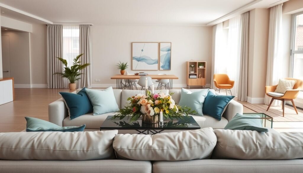 A modern living room showcasing the principles of color psychology, emphasizing comfort and tranquility. In the foreground, a plush, light grey sofa adorned with colorful throw pillows in calming blues and greens. In the middle, a stylish coffee table with a vibrant centerpiece of fresh flowers and candles, reflecting warmth. The walls are painted in soft, muted tones of beige and pale blue, creating an inviting atmosphere. Natural light floods the room from large windows with sheer curtains, enhancing a bright and airy feel. The background features minimalist art that harmonizes the color palette, and a comfy reading corner with a cozy chair and small bookshelf. Capture this scene with soft, diffused lighting to evoke a serene and inviting mood.