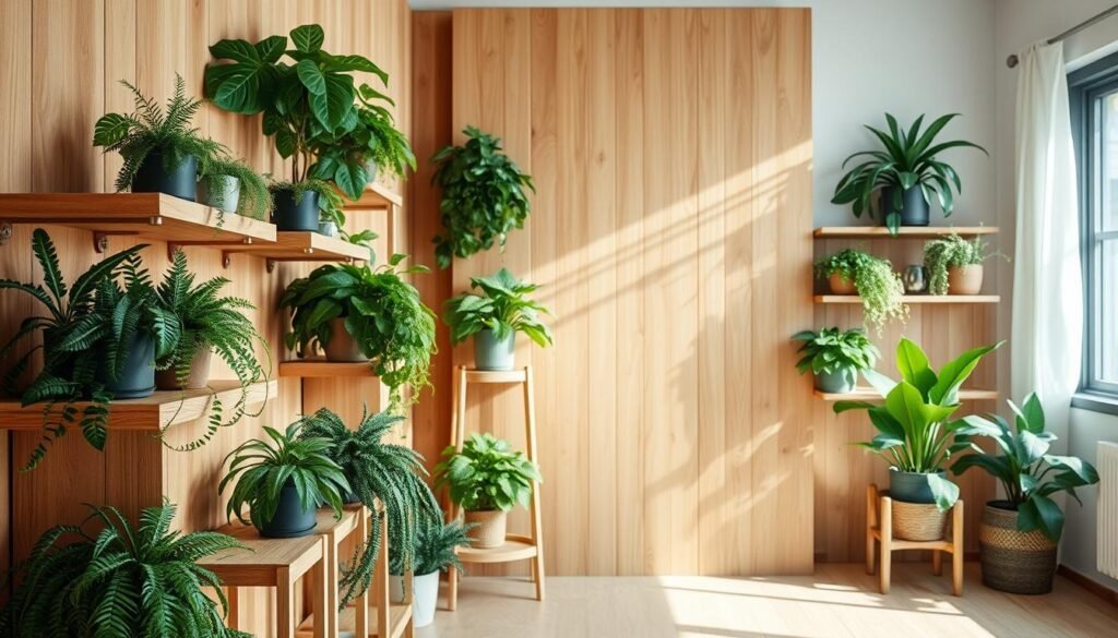 A modern wooden wall featuring a variety of wooden plant stands and shelving solutions filled with lush greenery, creating a vibrant and inviting atmosphere. The foreground showcases elegant shelves made of light oak that hold potted plants of varying heights, including ferns and snake plants, with their leaves cascading down. The middle ground features a large vertical wooden panel, emphasizing the texture of the wood against the greenery. In the background, soft sunlight filters through a nearby window, enhancing the natural light that brightens the entire scene. A cozy, well-lit room completes the setting, radiating a fresh, airy feel. The composition captures the essence of a stylish, plant-friendly space ideal for small interiors.