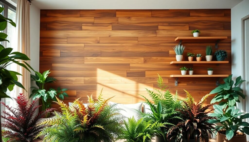 A modern wooden wall in a beautifully designed living space, featuring a combination of rich, warm wood textures and lush greenery. In the foreground, vibrant potted plants with varied foliage and colors, such as ferns and succulents, create a sense of life and energy. The middle layer showcases the wooden wall, crafted with clean lines and a contemporary finish, enhanced by soft sunlight streaming through a nearby window, casting gentle shadows. In the background, a few decorative wooden shelves hold additional plants and natural decor items, further blending the elements of wood and nature. The atmosphere is airy and inviting, promoting a serene and harmonious vibe, perfect for showcasing the beauty of rustic yet modern design in home decor. A modern wooden wall in a beautifully designed living space, featuring a combination of rich, warm wood textures and lush greenery. In the foreground, vibrant potted plants with varied foliage and colors, such as ferns and succulents, create a sense of life and energy. The middle layer showcases the wooden wall, crafted with clean lines and a contemporary finish, enhanced by soft sunlight streaming through a nearby window, casting gentle shadows. In the background, a few decorative wooden shelves hold additional plants and natural decor items, further blending the elements of wood and nature. The atmosphere is airy and inviting, promoting a serene and harmonious vibe, perfect for showcasing the beauty of rustic yet modern design in home decor.