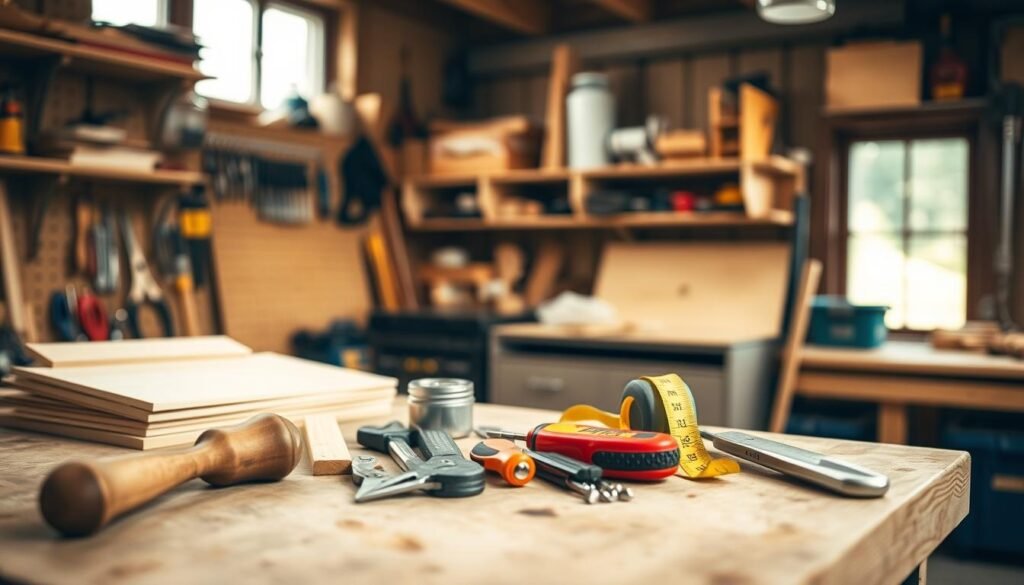 A neatly arranged basic tool kit displayed on a wooden workbench in a cozy, well-lit workshop. In the foreground, a variety of essential tools such as a hammer, screwdriver, pliers, and measuring tape are prominently showcased. The middle ground features a few DIY project materials like wood scraps and screws, while the background reveals shelves filled with additional tools and a window allowing soft, natural sunlight to illuminate the scene. The atmosphere is warm and inviting, evoking a sense of creativity and readiness for home projects. The overall image is captured with a shallow depth of field, focusing on the tool kit, with a clean and organized aesthetic that speaks to DIY enthusiasts. A neatly arranged basic tool kit displayed on a wooden workbench in a cozy, well-lit workshop. In the foreground, a variety of essential tools such as a hammer, screwdriver, pliers, and measuring tape are prominently showcased. The middle ground features a few DIY project materials like wood scraps and screws, while the background reveals shelves filled with additional tools and a window allowing soft, natural sunlight to illuminate the scene. The atmosphere is warm and inviting, evoking a sense of creativity and readiness for home projects. The overall image is captured with a shallow depth of field, focusing on the tool kit, with a clean and organized aesthetic that speaks to DIY enthusiasts.