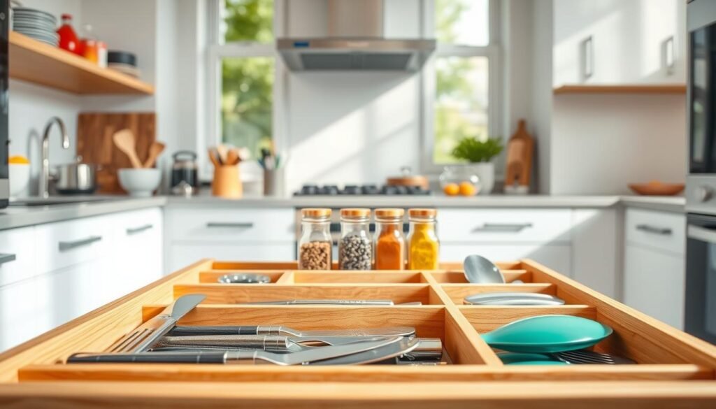 A neatly organized kitchen drawer with stylish wooden dividers, showcasing a variety of utensils, cutlery, and cooking tools. The foreground features the dividers in a light oak finish, accentuating the contrast with stainless steel and colorful kitchen implements. In the middle, a few neatly arranged spices in glass jars peek out, adding a splash of color. The background reveals a bright, airy kitchen with soft sunlight streaming in through large windows, highlighting the clean lines and modern design of the cabinetry. The overall mood is cheerful and functional, ideal for a fresh and organized home environment. The image should be captured from a slightly elevated angle to give a clear view of the drawer's contents and organization. A neatly organized kitchen drawer with stylish wooden dividers, showcasing a variety of utensils, cutlery, and cooking tools. The foreground features the dividers in a light oak finish, accentuating the contrast with stainless steel and colorful kitchen implements. In the middle, a few neatly arranged spices in glass jars peek out, adding a splash of color. The background reveals a bright, airy kitchen with soft sunlight streaming in through large windows, highlighting the clean lines and modern design of the cabinetry. The overall mood is cheerful and functional, ideal for a fresh and organized home environment. The image should be captured from a slightly elevated angle to give a clear view of the drawer's contents and organization.