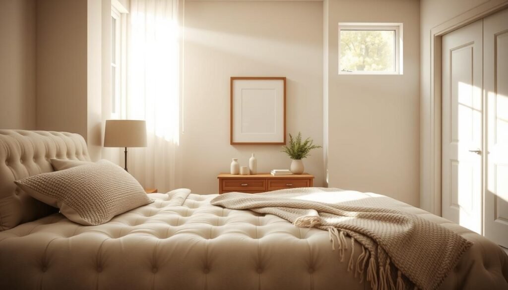 A neutral bedroom designed for timeless appeal, featuring a cozy atmosphere with soft beige and light gray tones. In the foreground, a plush, tufted bed adorned with subtle textured pillows and a soft, knitted throw blanket. The middle area includes a stylish wooden nightstand with a small modern lamp and a few decorative items. Overhead, soft natural light bathes the room, creating an airy feel with warm shadows. A large window in the background lets in bright sunlight, illuminating a simple, elegant framed artwork on the wall. The overall mood is serene and inviting, perfect for relaxation, capturing the essence of a comfortable, well-designed space.