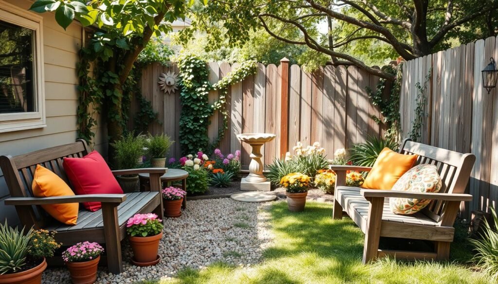 A peaceful backyard scene featuring budget-friendly landscaping ideas. In the foreground, a cozy seating area with thrifted wooden furniture adorned with vibrant cushions, surrounded by colorful potted plants. In the middle, a simple gravel pathway leads to an array of native flowers, with patches of green grass on either side. The backdrop features a charming wooden fence, partially covered with climbing vines, and a small, inexpensive decorative birdbath. Soft sunlight filters through leafy trees, casting gentle shadows, creating an inviting atmosphere. The mood is serene and welcoming, ideal for relaxation. The image should be taken with a wide-angle lens to capture the entire scene, showcasing the tranquil beauty of a budget-friendly outdoor space.