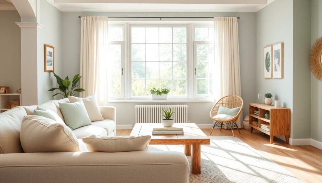 A peaceful living room showcasing a serene color scheme. In the foreground, a plush light beige sofa adorned with soft pastel cushions invites relaxation. A rustic wooden coffee table holds a small potted plant and a few art books. In the middle, a large window filters in bright, natural light, illuminating the room with soft sunlight that creates a warm, inviting atmosphere. The walls are painted in calming shades of pale blue and soft green, enhancing the sense of serenity. In the background, gentle greenery is visible through the window, providing a connection to nature. The overall mood is tranquil and harmonious, utilizing a wide-angle lens to capture the airy feel of the space while emphasizing its comfort and simplicity.