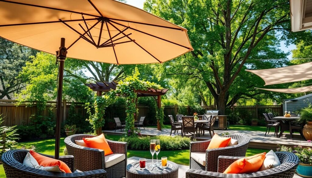 A picturesque backyard scene featuring various shade solutions for a hot summer day. In the foreground, a stylish patio with comfortable wicker furniture is adorned with vibrant outdoor cushions. A large, elegant umbrella casts soft shadows over a small table adorned with refreshing drinks. The middle area showcases a wooden pergola draped with climbing vines, providing a cozy nook for relaxation. Nearby, a slightly elevated deck offers additional shaded seating under a canvas awning. In the background, lush green trees border the yard, filtering dappled sunlight through their leaves, creating an inviting atmosphere. The composition captures bright natural light and soft sunlight, with a slightly elevated angle that enhances the sense of space and tranquility. The mood is serene and inviting, perfect for enjoying lazy summer afternoons outdoors.