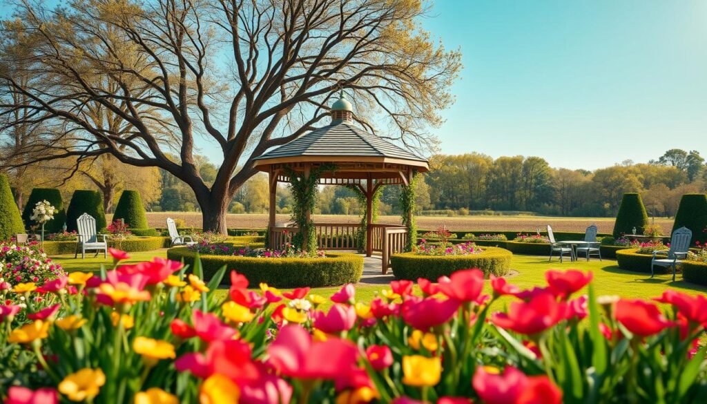 A picturesque garden folly in a spacious, open backyard, featuring a whimsical wooden gazebo surrounded by an array of colorful flowers and meticulously trimmed hedges. In the foreground, vibrant petals and lush green grasses create depth, while in the middle, the gazebo, adorned with climbing vines, serves as a visual anchor amidst a sea of scattered garden furniture. The background showcases a soft, blurred view of a distant tree line under a bright blue sky, illuminated by warm, soft sunlight filtering through the branches. The overall atmosphere is inviting yet slightly disorienting, emphasizing the absence of clear focal points. Capture the image with a wide-angle lens to accentuate the expansiveness of the space, enhancing the feeling of openness while exploring the contrast between beauty and unease. A picturesque garden folly in a spacious, open backyard, featuring a whimsical wooden gazebo surrounded by an array of colorful flowers and meticulously trimmed hedges. In the foreground, vibrant petals and lush green grasses create depth, while in the middle, the gazebo, adorned with climbing vines, serves as a visual anchor amidst a sea of scattered garden furniture. The background showcases a soft, blurred view of a distant tree line under a bright blue sky, illuminated by warm, soft sunlight filtering through the branches. The overall atmosphere is inviting yet slightly disorienting, emphasizing the absence of clear focal points. Capture the image with a wide-angle lens to accentuate the expansiveness of the space, enhancing the feeling of openness while exploring the contrast between beauty and unease.