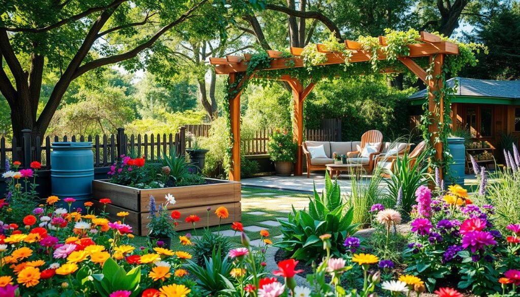A picturesque sustainable garden showcasing innovative solutions for a balanced backyard. In the foreground, vibrant flower beds bursting with diverse, colorful blooms and native plants. A wooden raised garden bed filled with fresh herbs and vegetables sits to one side, paired with rainwater collection barrels. In the middle ground, a comfortable seating area features eco-friendly furniture, accented by a shaded pergola draped with climbing vines, creating a cozy nook. The background reveals a mix of trees providing dappled sunlight and cool shade, with a beautifully designed pathway weaving through the greenery. The scene is illuminated by soft, natural sunlight, casting gentle shadows, enhancing the serene and inviting atmosphere of sustainable living and comfort in the garden.