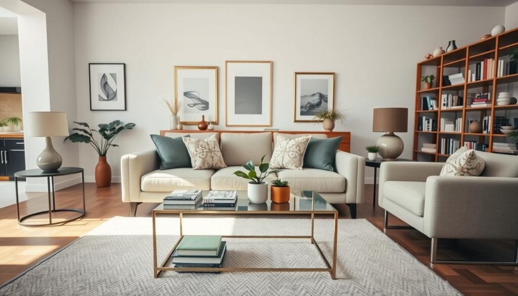 A polished living room that embodies a sense of intentional design with balanced decor. In the foreground, a plush, neutral-toned sofa adorned with decorative cushions. A chic coffee table rests in front, topped with a small stack of well-styled books and a tasteful plant. The middle ground features a stylish area rug anchoring the seating arrangement, complemented by a sleek side table with a decorative lamp. In the background, soft sunlight streams through large windows, illuminating elegantly curated wall art and a tasteful bookshelf filled with organized books and decor pieces. The space has an airy, welcoming atmosphere, embodying a sense of completion rather than clutter. The lighting is bright and natural, enhancing the overall warmth of the room, captured from a slightly elevated angle for depth. A polished living room that embodies a sense of intentional design with balanced decor. In the foreground, a plush, neutral-toned sofa adorned with decorative cushions. A chic coffee table rests in front, topped with a small stack of well-styled books and a tasteful plant. The middle ground features a stylish area rug anchoring the seating arrangement, complemented by a sleek side table with a decorative lamp. In the background, soft sunlight streams through large windows, illuminating elegantly curated wall art and a tasteful bookshelf filled with organized books and decor pieces. The space has an airy, welcoming atmosphere, embodying a sense of completion rather than clutter. The lighting is bright and natural, enhancing the overall warmth of the room, captured from a slightly elevated angle for depth.