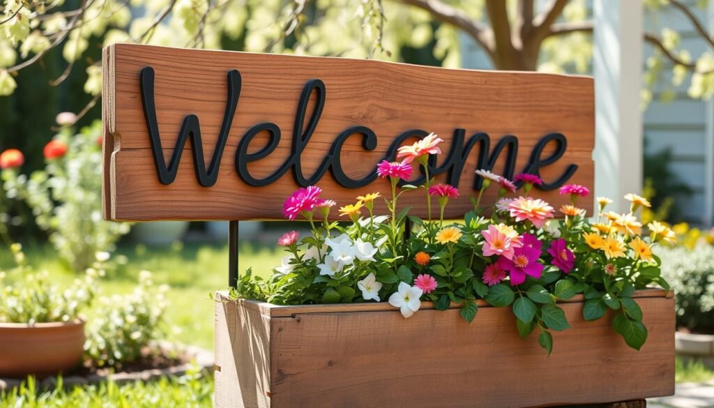 A rustic DIY welcome sign featuring a built-in planter box, adorned with colorful flowers and lush greenery. The sign is crafted from weathered wood, emphasizing a warm, inviting feel, with the planter seamlessly integrated beneath it. In the foreground, the welcome sign stands prominently, while the middle ground reveals an artfully arranged selection of various blooming plants spilling out of the planter. The background consists of a charming garden setting with hints of soft sunlight filtering through gentle tree branches, creating an airy atmosphere. Capture the scene with a slightly elevated angle, enhancing the dimensionality, and utilize bright, natural light to evoke a cheerful, welcoming mood. The overall image should reflect an inviting and creative home project, perfect for enhancing any entryway. A rustic DIY welcome sign featuring a built-in planter box, adorned with colorful flowers and lush greenery. The sign is crafted from weathered wood, emphasizing a warm, inviting feel, with the planter seamlessly integrated beneath it. In the foreground, the welcome sign stands prominently, while the middle ground reveals an artfully arranged selection of various blooming plants spilling out of the planter. The background consists of a charming garden setting with hints of soft sunlight filtering through gentle tree branches, creating an airy atmosphere. Capture the scene with a slightly elevated angle, enhancing the dimensionality, and utilize bright, natural light to evoke a cheerful, welcoming mood. The overall image should reflect an inviting and creative home project, perfect for enhancing any entryway.