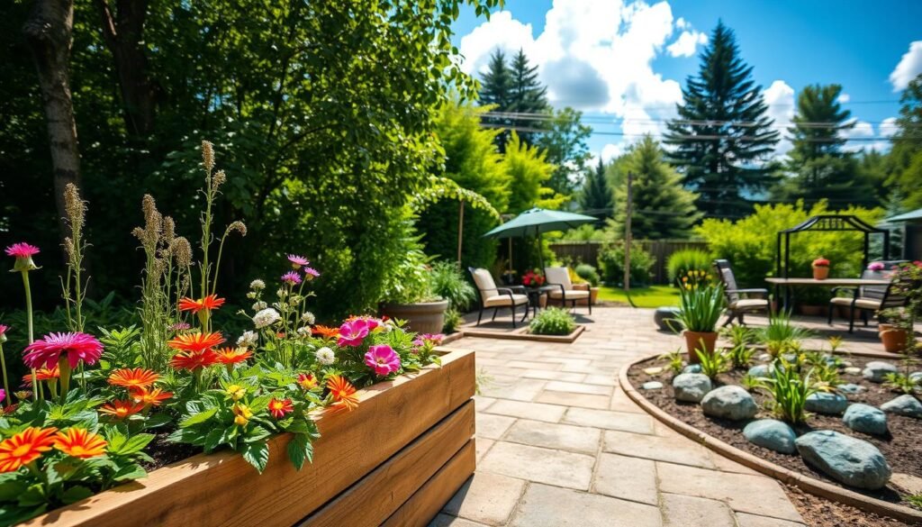 A scenic view of a specialty garden in a backyard, featuring a curated arrangement of vibrant flowers, aromatic herbs, and edible plants. In the foreground, a wooden raised garden bed brimming with colorful blooms and green leaves creates a welcoming atmosphere. The middle ground showcases a paved path lined with decorative stones and thriving plants, leading to a cozy seating area with tasteful garden furniture. Lush greenery forms the background, punctuated by tall trees and a bright blue sky with fluffy white clouds. Soft natural sunlight filters through the leaves, casting gentle patterns on the ground, creating a serene and inviting mood perfect for outdoor relaxation and gardening. The focus is on the detailed textures and rich colors, captured with a slightly wide-angle lens to emphasize the garden’s beauty. A scenic view of a specialty garden in a backyard, featuring a curated arrangement of vibrant flowers, aromatic herbs, and edible plants. In the foreground, a wooden raised garden bed brimming with colorful blooms and green leaves creates a welcoming atmosphere. The middle ground showcases a paved path lined with decorative stones and thriving plants, leading to a cozy seating area with tasteful garden furniture. Lush greenery forms the background, punctuated by tall trees and a bright blue sky with fluffy white clouds. Soft natural sunlight filters through the leaves, casting gentle patterns on the ground, creating a serene and inviting mood perfect for outdoor relaxation and gardening. The focus is on the detailed textures and rich colors, captured with a slightly wide-angle lens to emphasize the garden’s beauty.