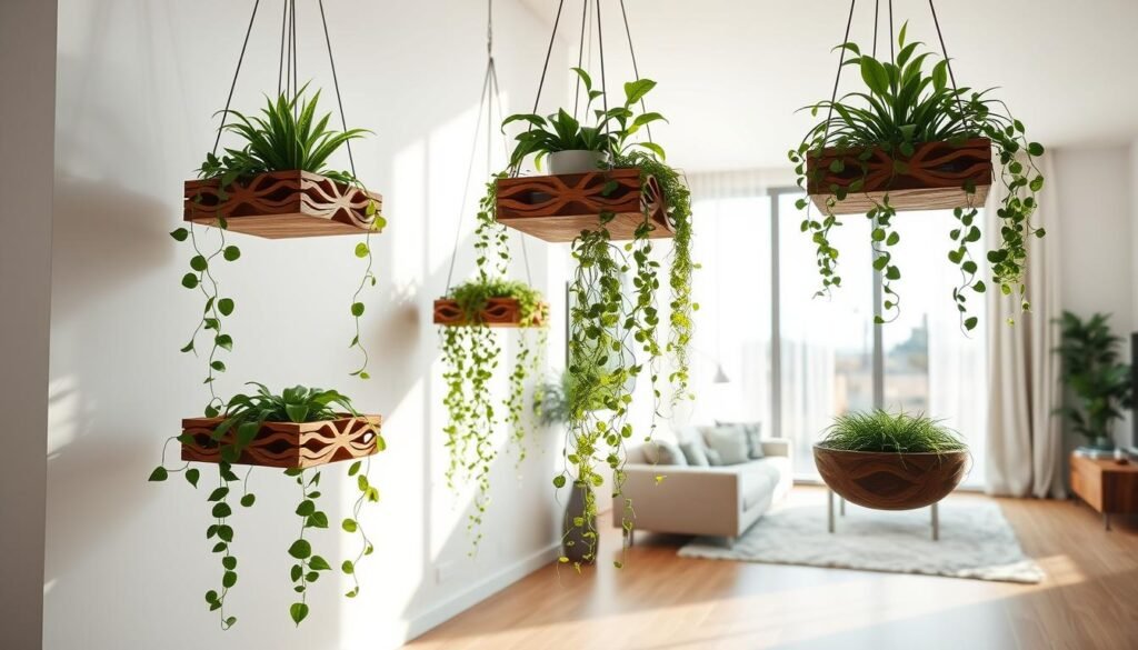 A serene and aesthetically pleasing interior space featuring a collection of floating planters that appear to defy gravity. In the foreground, intricately designed wooden shelves hold vibrant green plants, cascading down with leafy trails. The middle section showcases the planters suspended in mid-air against a clean, bright wall, with soft natural sunlight filtering through large windows, creating gentle shadows. In the background, a cozy living area with neutral tones and stylish décor enhances the atmosphere of lightness and balance. The scene conveys tranquility and modern elegance, inviting viewers to explore the harmony of nature and design. The image should have a crisp, high-resolution quality, highlighting the textures of the wood and foliage.