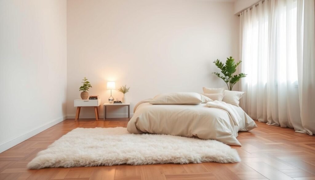 A serene and cozy bedroom designed for calmness, featuring a large, comfortable bed with soft, neutral-colored linens and an assortment of plush pillows. In the foreground, a fluffy area rug enhances the warmth of the wooden floor. The middle of the room includes a stylish nightstand with a small lamp emitting soft, warm light, alongside a few carefully placed books and a green plant, adding a touch of nature. The background showcases a bright window with sheer curtains allowing soft sunlight to filter in, illuminating the space and creating an airy atmosphere. The color palette emphasizes light pastel tones, promoting a sense of tranquility while avoiding any clutter or overcrowding. Capture the inviting, relaxed mood in a slightly elevated angle for a balanced view.