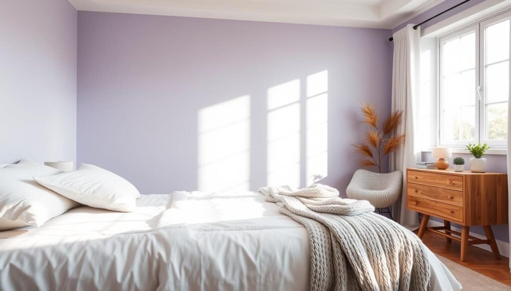 A serene and cozy bedroom designed for relaxation, featuring soft lavender and light gray walls that evoke calmness. In the foreground, a neatly made bed with fluffy white bedding and plush pillows, complemented by a knitted throw. The middle ground showcases a stylish wooden nightstand with a small green plant and a softly glowing lamp, enhancing the tranquil atmosphere. In the background, a large window allows bright, natural light to flood the room, casting gentle shadows and illuminating the space with a warm, airy feel. The overall mood is peaceful and inviting, perfect for promoting rest and relaxation, with subtle touches of natural wood décor. The scene captures a harmonious blend of color psychology and comfort, maintaining a clutter-free environment.