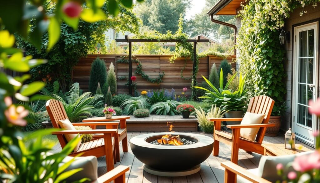 A serene and creative backyard design featuring a cozy patio with elegant wooden furniture, surrounded by vibrant greenery and blooming flowers. In the foreground, a small fire pit creates a warm gathering space, with comfortable chairs arranged around it, inviting relaxation. The middle ground showcases a beautifully landscaped garden with a variety of plants, including ferns and colorful shrubs, merging seamlessly into a rustic wooden deck. In the background, a stylish trellis adorned with climbing vines adds dimension, while soft, dappled sunlight filters through the leaves, casting gentle shadows. The scene is captured from a slightly elevated angle, emphasizing the open-air atmosphere, and evoking a calm and inviting mood, perfect for tranquil outdoor living.