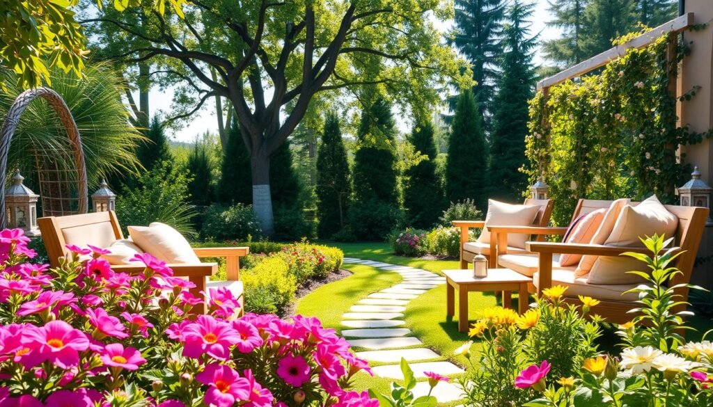 A serene and enchanting garden scene, featuring a cozy outdoor seating area with comfortable, natural wood furniture adorned with plush, pastel cushions. In the foreground, lush, vibrant flowers in pinks, purples, and yellows create a colorful border. The middle ground showcases a charming, curved stone pathway leading to a small wooden trellis entwined with climbing vines. A gentle breeze carries the scent of blooming greenery, while sunlight filters through the leaves, casting dappled patterns on the ground. In the background, an array of tall trees provides a sense of privacy, their leaves rustling softly. The overall mood is tranquil and inviting, encouraging relaxation and connection with nature, all captured in bright, soft sunlight with a warm, welcoming atmosphere.