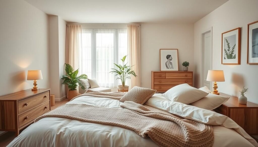 A serene and inviting bedroom designed for relaxation, featuring soft pastel colors and natural materials. In the foreground, a plush, oversized bed adorned with fluffy pillows and a cozy knitted throw. On either side, elegant wooden nightstands with warm, glowing lamps. The middle ground showcases a minimally styled reading nook by a large window, filled with natural light and draped in sheer curtains. A lush, potted plant adds a touch of greenery. The background presents a minimalist dresser and calming artwork on the walls, all bathed in soft, diffused sunlight that creates an airy and tranquil atmosphere. The angle captures the entire scene, radiating a feeling of peace and calm, perfect for unwinding.