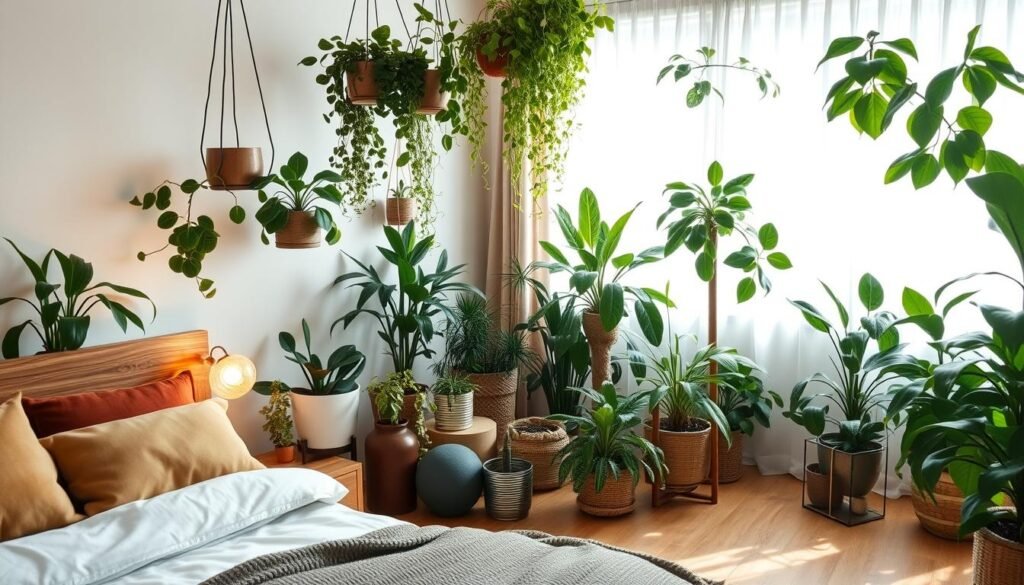 A serene and inviting bedroom featuring an abundance of houseplants in various sizes and types. In the foreground, a cozy, neatly made bed with natural wood accents, adorned with soft, textured bedding and decorative cushions in earthy tones. In the middle ground, a stylish nightstand holds a small potted succulent and a warm, glowing lamp, surrounded by lush greenery spilling from hanging planters and tall floor plants. The background reveals a large window draped with sheer curtains, allowing bright, soft sunlight to illuminate the space. The atmosphere is tranquil and rejuvenating, showcasing a blend of natural elements and modern decor, creating a comfortable and livable environment that feels like an oasis of nature indoors.