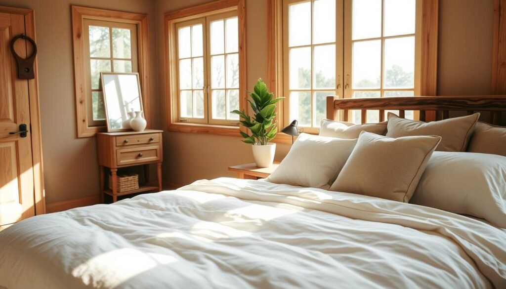 A serene and inviting bedroom scene that embodies timeless decor, featuring natural wood elements. In the foreground, showcase a beautifully made bed with soft, neutral linens and an array of cozy throw pillows. The middle ground displays a stylish wooden nightstand adorned with a simple table lamp and a small potted plant, emphasizing a connection to nature. The background reveals large windows, allowing bright natural light to stream in, casting soft shadows across the room. The walls are painted in warm earth tones, complemented by wooden accents, creating an airy and well-lit atmosphere. The overall mood is calming and cozy, perfect for a timeless bedroom that ages gracefully over time. Use high-resolution photography techniques with soft sunlight for a realistic touch.