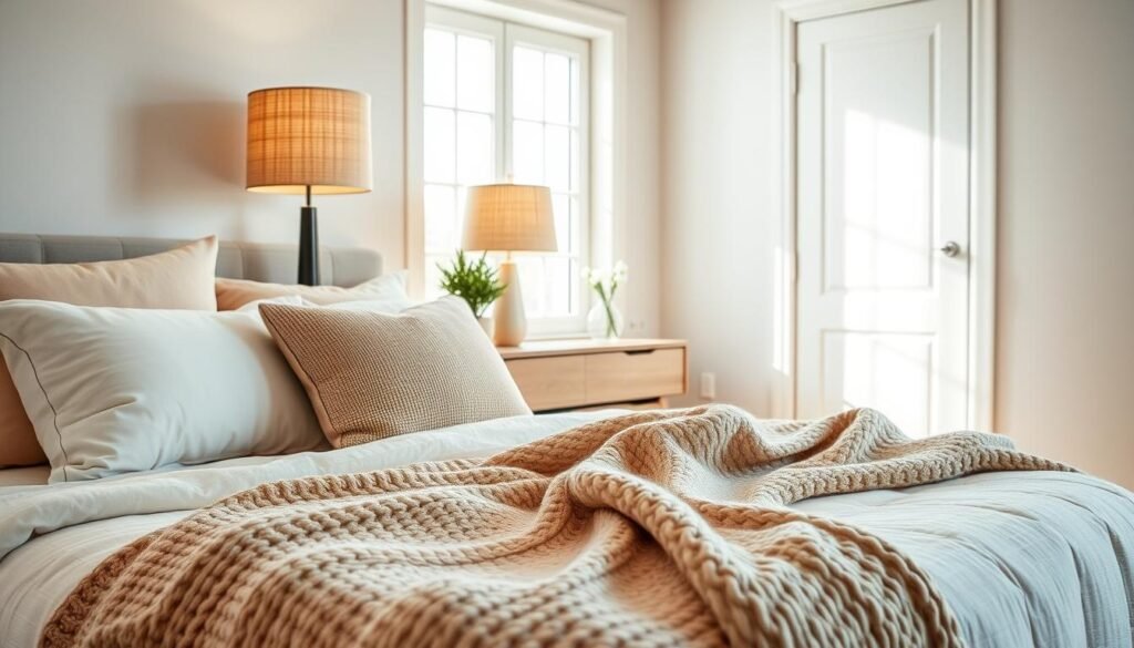 A serene and inviting bedroom showcasing an array of cozy textiles and bedding. In the foreground, a beautifully made bed adorned with plush, layered pillows in soft pastel colors and a luxurious knitted throw draped artfully at the foot. The middle ground features a stylish nightstand with a textured lampshade casting warm, soft light, and a small potted plant adding a touch of greenery. The background is a softly painted wall with a light, airy window allowing bright, natural sunlight to filter in, creating a tranquil atmosphere. The overall mood is calm and comfortable, emphasizing a clutter-free, soothing environment perfect for relaxation and restful sleep. Opt for a wide-angle view to capture the entirety of this cozy setup.