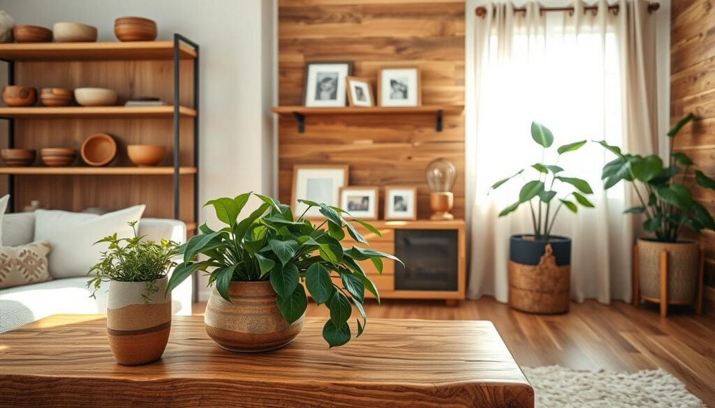 A serene and inviting interior scene showcasing timeless wooden elements harmoniously integrated with natural decor. In the foreground, a beautifully crafted wooden coffee table, adorned with lush green plants in artisanal ceramic pots. The middle ground features wooden shelves displaying a collection of handmade wooden bowls and rustic picture frames. In the background, soft natural light filters through sheer curtains, illuminating a wooden accent wall and a potted fiddle leaf fig plant. The atmosphere is warm and airy, emphasizing the beauty of wood and nature in home design. The image captures the essence of timeless elegance, focusing on rich textures and organic shapes, inviting a sense of tranquility and comfort.