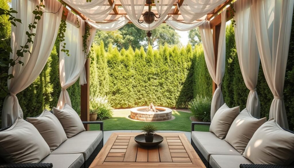 A serene backyard corner retreat featuring a cozy seating area under a stylish pergola adorned with climbing vines and sheer white curtains for shade. In the foreground, a wooden table with comfortable, plush cushions in muted earth tones invites relaxation. The middle ground showcases a small firepit surrounded by greenery, enhancing the privacy and tranquility of the space. In the background, tall hedges create a natural barrier, while dappled sunlight filters through the leaves, casting soft shadows. The atmosphere is calm and inviting, ideal for unwinding, with a bright natural light bathing the area in warmth. Use a wide-angle lens to capture the cozy layout, focusing on the interplay of light and shadow.