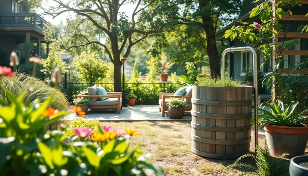 A serene backyard featuring an eco-friendly rain collection system, prominently displayed in the foreground. The system includes a stylish rain barrel made of natural materials, elegantly positioned by lush green plants and vibrant flowers, capturing the essence of sustainable living. In the middle ground, a rustic wooden deck complements the natural setting, with comfortable seating made from recycled materials arranged under soft sunlight filtering through trees. The background showcases a charming garden with additional plants thriving in a harmonious environment. The scene is captured in bright, airy lighting, evoking a peaceful, inviting atmosphere. Use a wide-angle lens to emphasize the spaciousness, ensuring a calm and inspiring mood throughout the image.