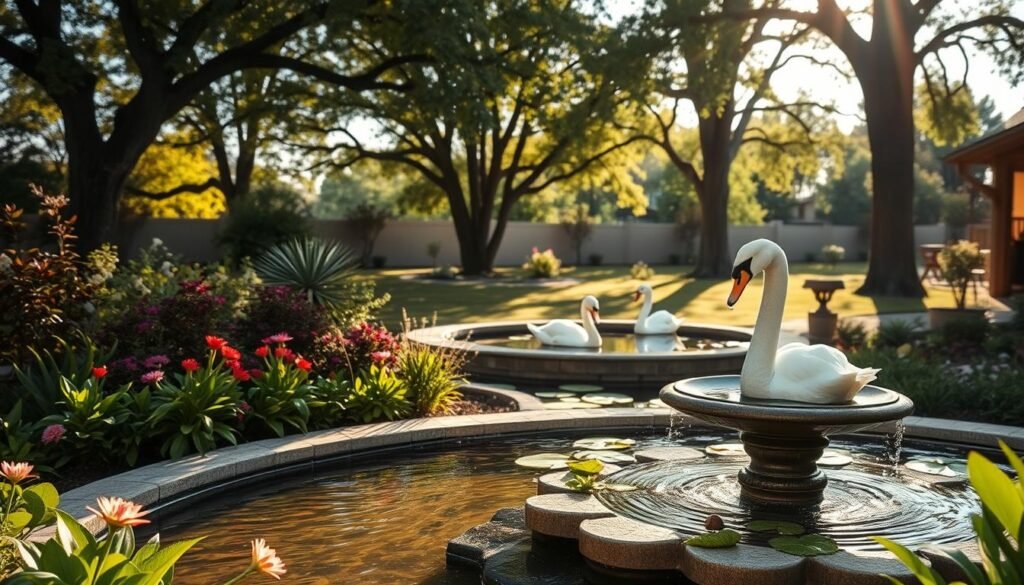 A serene backyard featuring elegant water features that enhance an inviting outdoor space. In the foreground, a gently flowing fountain surrounded by lush green plants and colorful flowers, creating a tranquil atmosphere. The middle ground showcases a small pond with lily pads and a couple of graceful swans gliding across the water, reflecting the soft sunlight. In the background, tall trees provide shade, with dappled sunlight filtering through the leaves. The scene is bathed in warm, natural light, creating a peaceful mood. A wide-angle lens captures the entire expanse, with a slight elevation to emphasize the beauty of the water features and the harmonious landscape. The overall ambiance feels relaxing and welcoming, perfect for enjoying outdoor leisure activities. A serene backyard featuring elegant water features that enhance an inviting outdoor space. In the foreground, a gently flowing fountain surrounded by lush green plants and colorful flowers, creating a tranquil atmosphere. The middle ground showcases a small pond with lily pads and a couple of graceful swans gliding across the water, reflecting the soft sunlight. In the background, tall trees provide shade, with dappled sunlight filtering through the leaves. The scene is bathed in warm, natural light, creating a peaceful mood. A wide-angle lens captures the entire expanse, with a slight elevation to emphasize the beauty of the water features and the harmonious landscape. The overall ambiance feels relaxing and welcoming, perfect for enjoying outdoor leisure activities.