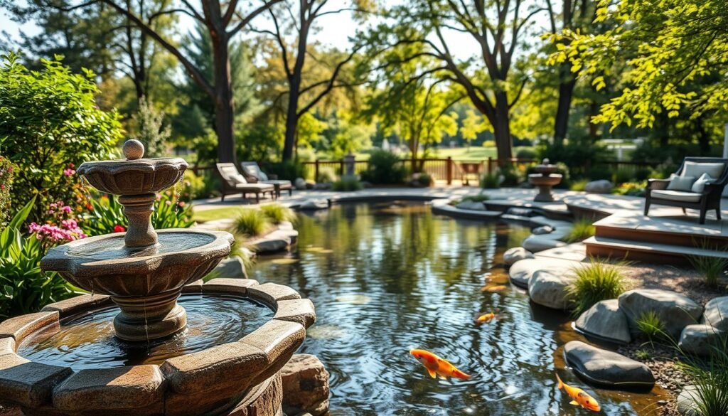 A serene backyard featuring elegant water features that enhance tranquility. In the foreground, a gently bubbling stone fountain surrounded by lush green plants and colorful flowers, creating a focal point. In the middle ground, a meandering pond reflects the sky, with koi swimming lazily beneath the surface, bordered by smooth rocks and soft grasses. A wooden deck with comfortable seating is situated near the water, inviting relaxation. In the background, tall trees provide dappled sunlight, filtering through the leaves. The scene is bathed in bright natural light, showcasing vibrant colors and soft shadows. The atmosphere is calm and peaceful, evoking a sense of escape and comfort in nature, captured in a wide-angle view to emphasize the spaciousness of the outdoor area.