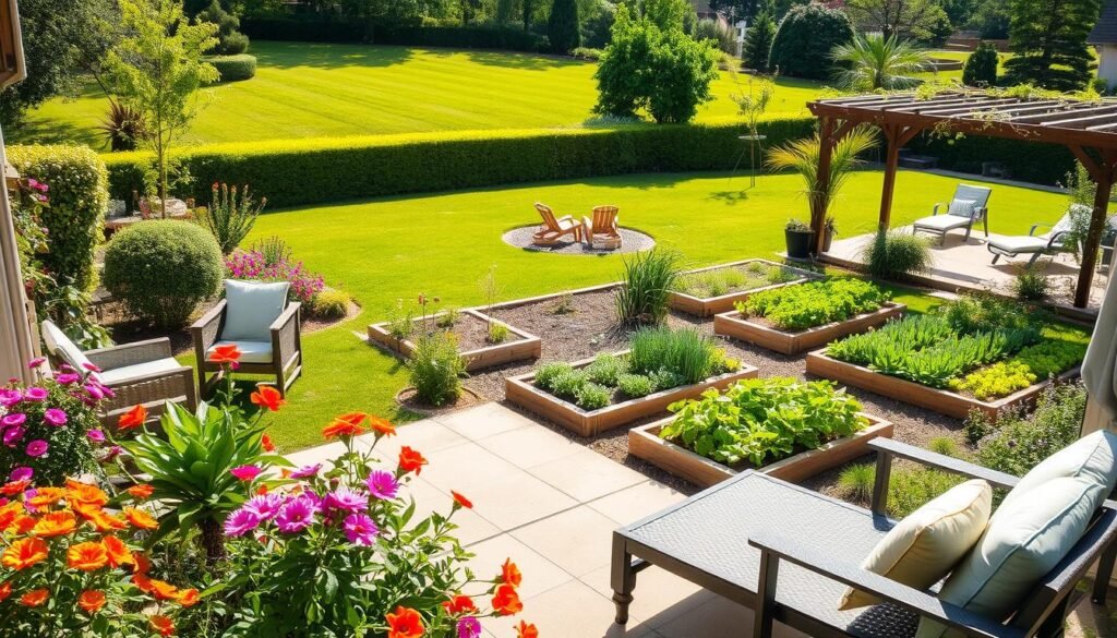 A serene backyard featuring specialized garden zones designed for different purposes. In the foreground, a cozy seating area with stylish outdoor furniture, surrounded by vibrant flowerbeds bursting with color. In the middle ground, a vegetable garden with neatly arranged raised beds, with fresh herbs and vegetables thriving under bright sunlight. Nearby, a tranquil zone with a small water feature and lounging chairs beneath a shaded pergola, inviting relaxation. In the background, a lush green lawn framed by hedges and ornamental trees, creating a peaceful atmosphere. The scene is bathed in soft, natural light, showcasing the beauty of each garden zone, evoking a sense of calm and harmony. The perspective is slightly elevated, offering an inviting view of the entire garden layout. A serene backyard featuring specialized garden zones designed for different purposes. In the foreground, a cozy seating area with stylish outdoor furniture, surrounded by vibrant flowerbeds bursting with color. In the middle ground, a vegetable garden with neatly arranged raised beds, with fresh herbs and vegetables thriving under bright sunlight. Nearby, a tranquil zone with a small water feature and lounging chairs beneath a shaded pergola, inviting relaxation. In the background, a lush green lawn framed by hedges and ornamental trees, creating a peaceful atmosphere. The scene is bathed in soft, natural light, showcasing the beauty of each garden zone, evoking a sense of calm and harmony. The perspective is slightly elevated, offering an inviting view of the entire garden layout.