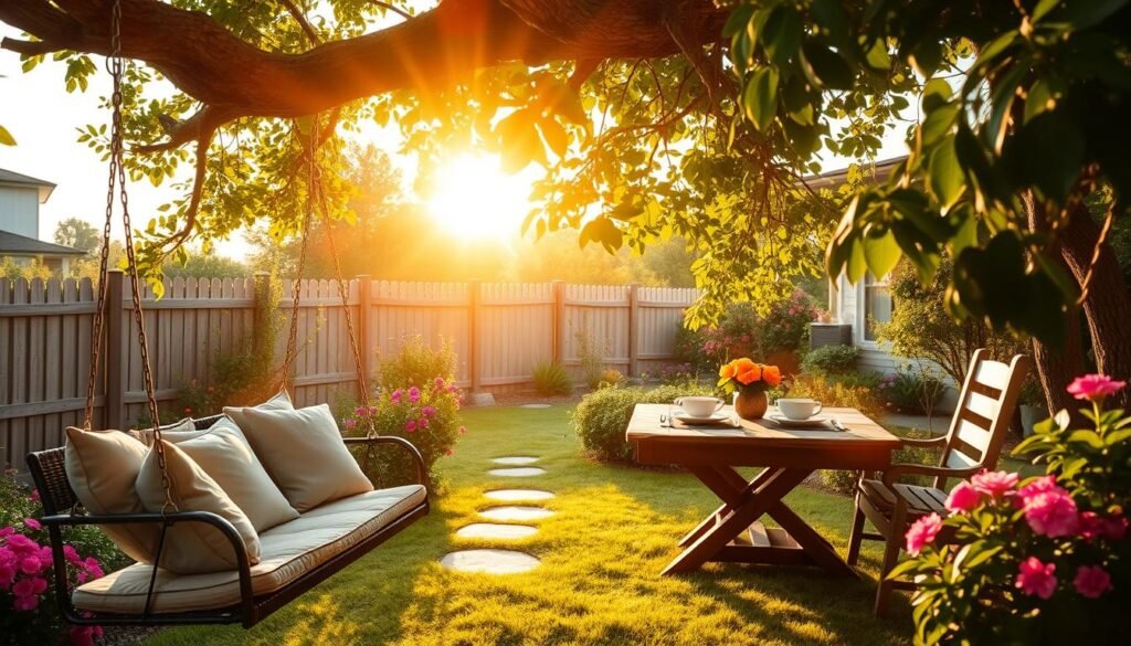 A serene backyard garden at dawn, showcasing a comfortable swing hanging from a sturdy tree branch. In the foreground, the swing is adorned with soft cushions, inviting morning relaxation. The middle ground features a quaint breakfast nook with a rustic wooden table set for two, surrounded by vibrant blooming flowers and lush greenery. In the background, a gently rising sun casts warm golden light, illuminating the garden and creating soft shadows. The atmosphere is calm and peaceful, perfect for savoring a morning coffee. The scene is bright and airy, with a lens flare effect enhancing the soft sunlight filtering through leaves, creating a cozy, welcoming vibe.