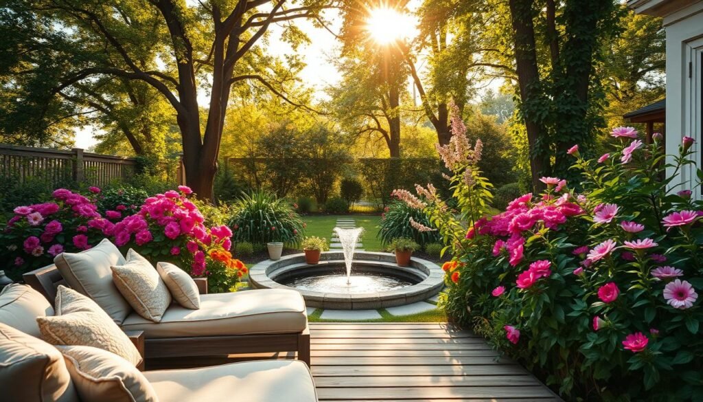 A serene backyard garden featuring a cozy seating area with soft, plush cushions surrounded by vibrant blooming flowers and lush greenery. In the foreground, a rustic wooden deck with comfortable lounge chairs invites relaxation. The middle ground showcases a gently flowing water feature, such as a small fountain, surrounded by rich foliage. In the background, tall trees provide dappled sunlight filtering through the leaves, creating a warm and inviting atmosphere. The scene is captured in bright, natural light during the golden hour, casting a soft glow on the garden. The overall mood is peaceful and tranquil, perfect for a slower pace of life, evoking a sense of calm and relaxation.