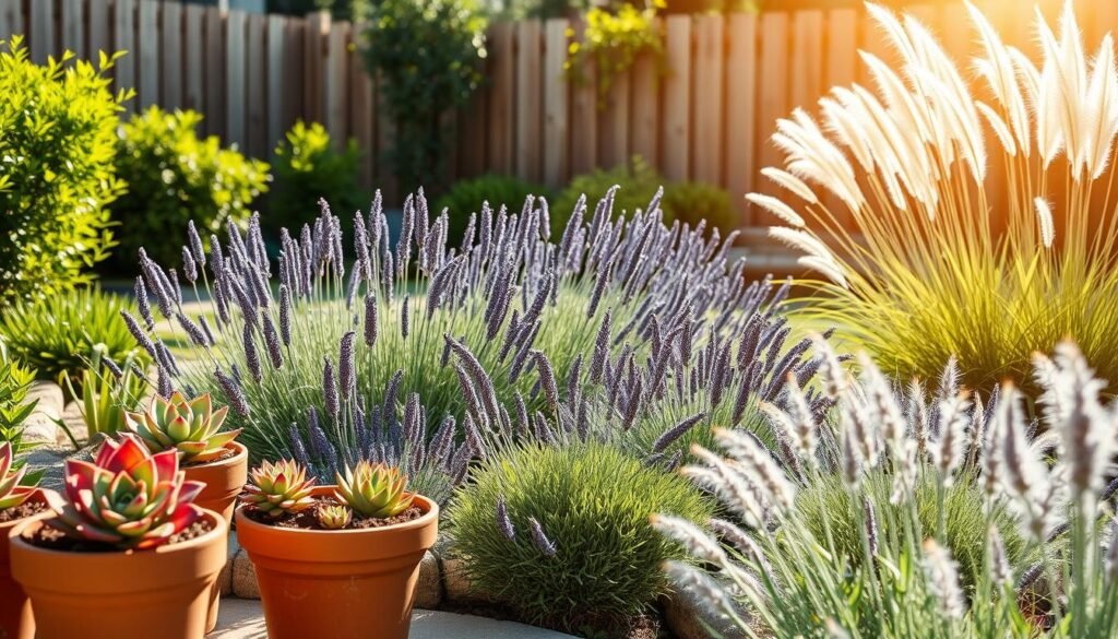 A serene backyard garden featuring a diverse array of low-maintenance plants, including succulents, lavender, and ornamental grasses. In the foreground, vibrant potted succulents in terracotta pots add a splash of color. The middle ground showcases a lush patch of lavender swaying gently in the soft sunlight, while clumps of ornamental grasses frame the scene. In the background, a tranquil wooden fence and soft green shrubs create a soothing backdrop. The atmosphere is calm and inviting, illuminated by bright, natural light that casts gentle shadows. The lens captures a slightly elevated angle, providing depth and inviting viewers into this peaceful garden setting. The overall mood is peaceful, ideal for relaxation without the need for constant upkeep.