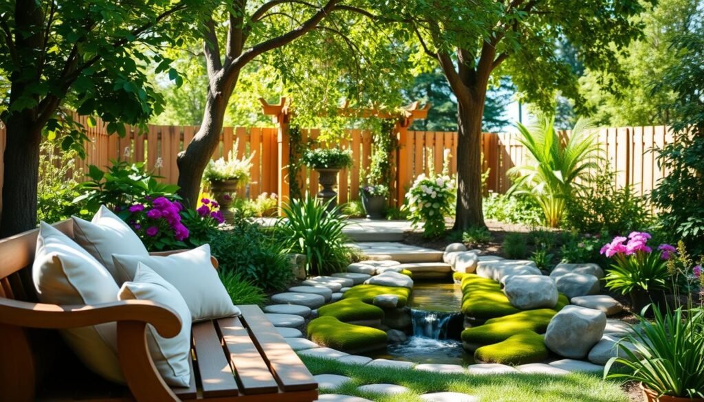 A serene backyard garden retreat, featuring a beautifully landscaped area with lush greenery and vibrant flowers. In the foreground, a wooden bench adorned with soft, neutral cushions invites relaxation. The middle ground showcases a gently flowing water feature surrounded by smooth stones and soft moss, blending harmoniously with the natural elements. Tall trees offer dappled sunlight, enhancing the overall tranquility. In the background, a wooden trellis with climbing vines provides a sense of enclosure and intimacy. The scene is illuminated by bright, natural light, casting soft shadows that create an airy atmosphere. The mood is calm and inviting, perfect for a peaceful escape from everyday life. This idyllic setting is devoid of any people, allowing the focus to remain entirely on the tranquil garden itself.