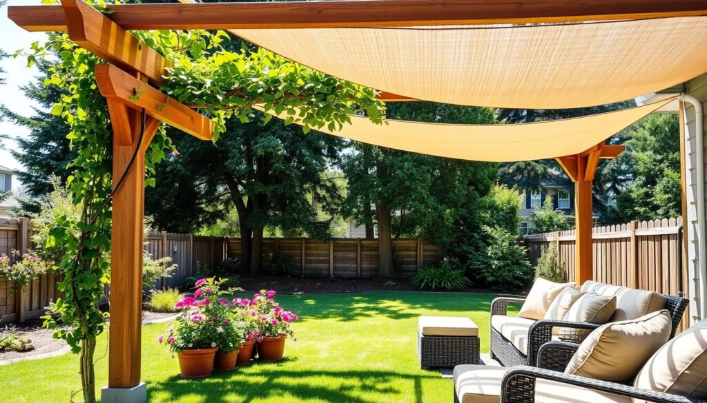 A serene backyard garden scene showcasing various shade solutions to create a comfortable outdoor space. In the foreground, a stylish wooden pergola adorned with climbing vines, casting gentle shadows. Below, a cozy seating area with plush, neutral-toned cushions complements the natural wood. In the middle ground, potted plants with vibrant flowers add color, surrounded by a soft, green lawn. In the background, tall trees provide additional shade, their leaves rustling in a gentle breeze. Bright natural light filters through, creating a warm, inviting atmosphere. Capture this scene from a slightly elevated angle, highlighting the harmonious blend of nature and relaxation while ensuring an airy and well-lit composition.