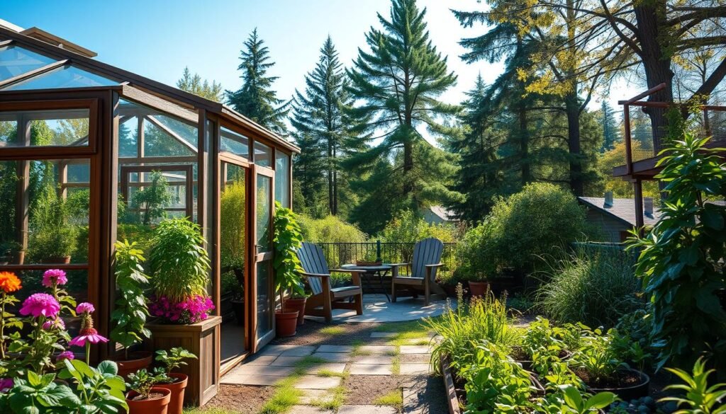 A serene backyard greenhouse nestled amidst a lush garden, filled with vibrant flowers and thriving plants. In the foreground, the greenhouse features a glass frame with wooden accents, showcasing a variety of herbs and vegetables, all thriving in pots and raised beds. The middle ground displays a cozy seating area with rustic wooden chairs and a small table, inviting relaxation. In the background, tall trees and a clear blue sky create a tranquil atmosphere, with soft sunlight filtering through the leaves. The lighting is bright and natural, casting gentle shadows and highlighting the rich colors of the plants. The overall mood is one of peacefulness and the joy of year-round gardening. A serene backyard greenhouse nestled amidst a lush garden, filled with vibrant flowers and thriving plants. In the foreground, the greenhouse features a glass frame with wooden accents, showcasing a variety of herbs and vegetables, all thriving in pots and raised beds. The middle ground displays a cozy seating area with rustic wooden chairs and a small table, inviting relaxation. In the background, tall trees and a clear blue sky create a tranquil atmosphere, with soft sunlight filtering through the leaves. The lighting is bright and natural, casting gentle shadows and highlighting the rich colors of the plants. The overall mood is one of peacefulness and the joy of year-round gardening.