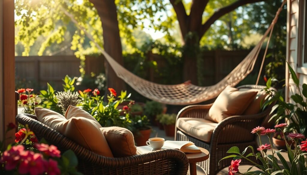 A serene backyard hideaway, capturing a cozy nook perfect for quiet contemplation. In the foreground, a comfortable wicker chair adorned with soft cushions in earthy tones, surrounded by lush green plants and vibrant flowers. The middle ground features a small wooden table with a steaming cup of tea and an open book, inviting relaxation. In the background, a gently swaying hammock hangs between two trees, dappled sunlight filtering through the leaves, casting playful shadows. The scene is bathed in soft, warm natural light, evoking a calm, peaceful atmosphere. The angle is slightly elevated, providing a wide view of this tranquil retreat, emphasizing its inviting charm and the serenity of outdoor living.