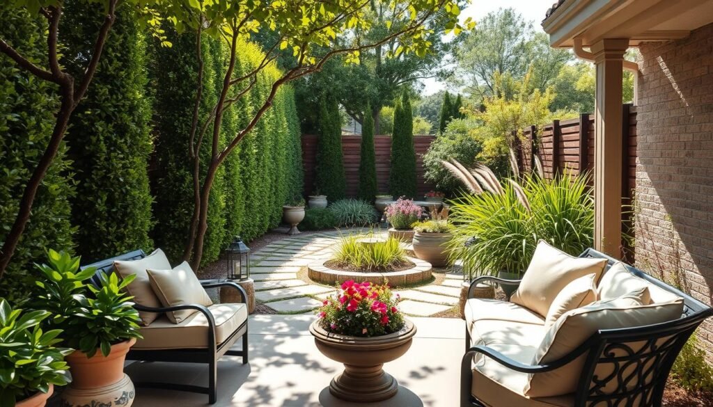A serene backyard oasis designed for privacy and comfort. In the foreground, a cozy seating area features elegant outdoor furniture, adorned with plush cushions in soft, natural tones. Include decorative planters filled with lush, green plants and colorful flowers. The middle ground showcases tall, lush hedges and wooden privacy screens, creating an intimate enclosure while allowing dappled sunlight to filter through. In the background, a vibrant garden path leads to a small, tranquil water feature, accompanied by swaying ornamental grasses. The scene is bathed in bright, soft sunlight, imbuing a warm, inviting atmosphere. Capture this composition from a slightly elevated angle to encompass the entire layout, emphasizing the balance of light and shade throughout the space.