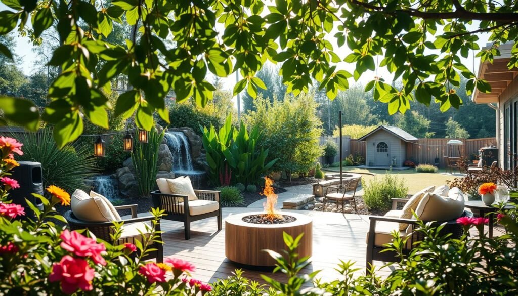 A serene backyard oasis, featuring a cozy outdoor living zone with comfortable, stylish seating arranged around a decorative fire pit. In the foreground, lush greenery thrives, with vibrant flowers adding splashes of color. In the middle ground, a large wooden deck is adorned with soft cushions and a low coffee table, while gently swaying lanterns cast a warm glow. The background reveals a cascading waterfall framed by tall, leafy plants and a distant view of a quaint garden shed. The scene is bathed in bright, natural light filtered through the leaves, creating soft sunlight spots on the deck. The mood is inviting and tranquil, perfect for relaxation and social gatherings, captured from a slightly elevated angle to provide depth and perspective. A serene backyard oasis, featuring a cozy outdoor living zone with comfortable, stylish seating arranged around a decorative fire pit. In the foreground, lush greenery thrives, with vibrant flowers adding splashes of color. In the middle ground, a large wooden deck is adorned with soft cushions and a low coffee table, while gently swaying lanterns cast a warm glow. The background reveals a cascading waterfall framed by tall, leafy plants and a distant view of a quaint garden shed. The scene is bathed in bright, natural light filtered through the leaves, creating soft sunlight spots on the deck. The mood is inviting and tranquil, perfect for relaxation and social gatherings, captured from a slightly elevated angle to provide depth and perspective.