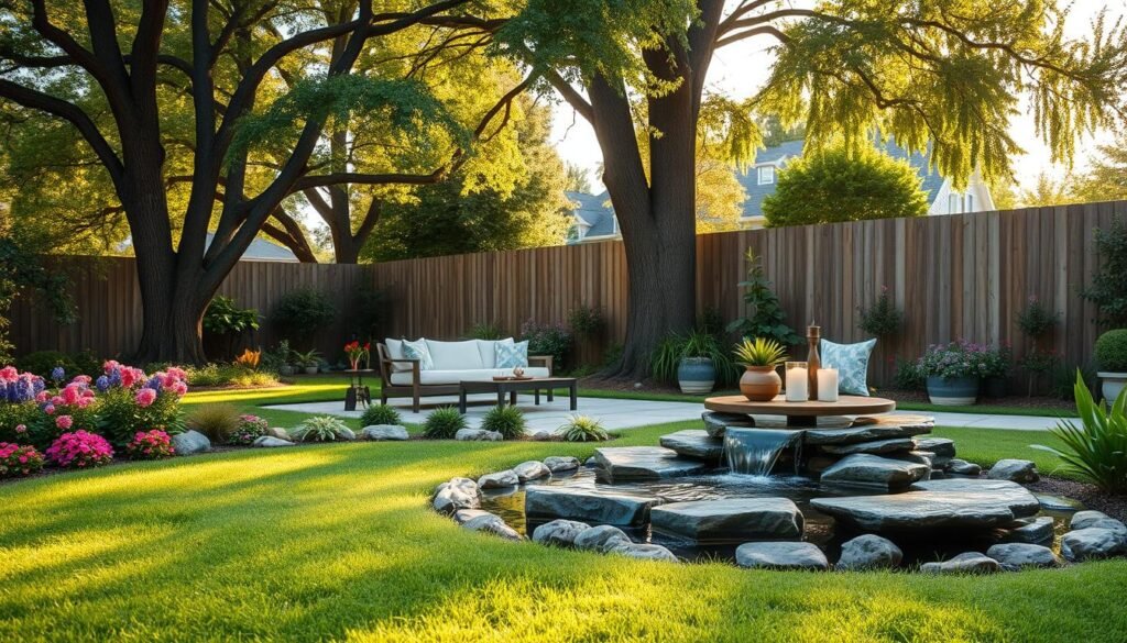 A serene backyard oasis featuring a tranquil water feature as the centerpiece. In the foreground, lush green grass surrounds a beautifully designed ornamental pond with gently cascading water, surrounded by vibrant flowers and decorative stones. The middle ground showcases a cozy seating area with stylish outdoor furniture, including a small wooden table set with potted plants and candles, inviting relaxation. In the background, tall trees provide shade, and a wooden fence creates a sense of privacy. Soft golden sunlight filters through the leaves, casting dappled light onto the scene, enhancing the calm and peaceful atmosphere. The angle is slightly elevated, capturing the layout and beauty of this idyllic outdoor living zone, emphasizing the harmony between nature and design. A serene backyard oasis featuring a tranquil water feature as the centerpiece. In the foreground, lush green grass surrounds a beautifully designed ornamental pond with gently cascading water, surrounded by vibrant flowers and decorative stones. The middle ground showcases a cozy seating area with stylish outdoor furniture, including a small wooden table set with potted plants and candles, inviting relaxation. In the background, tall trees provide shade, and a wooden fence creates a sense of privacy. Soft golden sunlight filters through the leaves, casting dappled light onto the scene, enhancing the calm and peaceful atmosphere. The angle is slightly elevated, capturing the layout and beauty of this idyllic outdoor living zone, emphasizing the harmony between nature and design.
