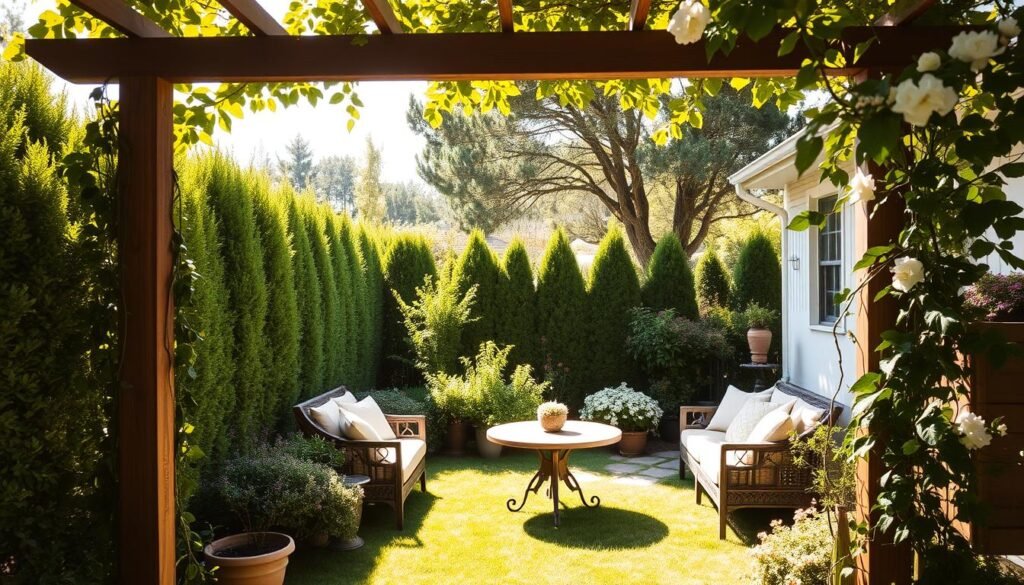 A serene backyard retreat featuring natural privacy solutions such as tall, lush hedges and flowering shrubs, creating a secluded atmosphere. In the foreground, a beautifully crafted wooden trellis draped with climbing vines offers an inviting entrance. The middle ground showcases a comfortably furnished seating area with soft cushions and an elegant, rustic table surrounded by greenery. In the background, a gentle, sunlit garden with a mix of trees and flowering plants adds depth, providing additional layers of privacy. The scene is bathed in bright, warm natural light and soft sunlight filters through the leaves, casting dappled shadows. The mood is calm and inviting, emphasizing a peaceful outdoor space perfect for relaxation and solitude.