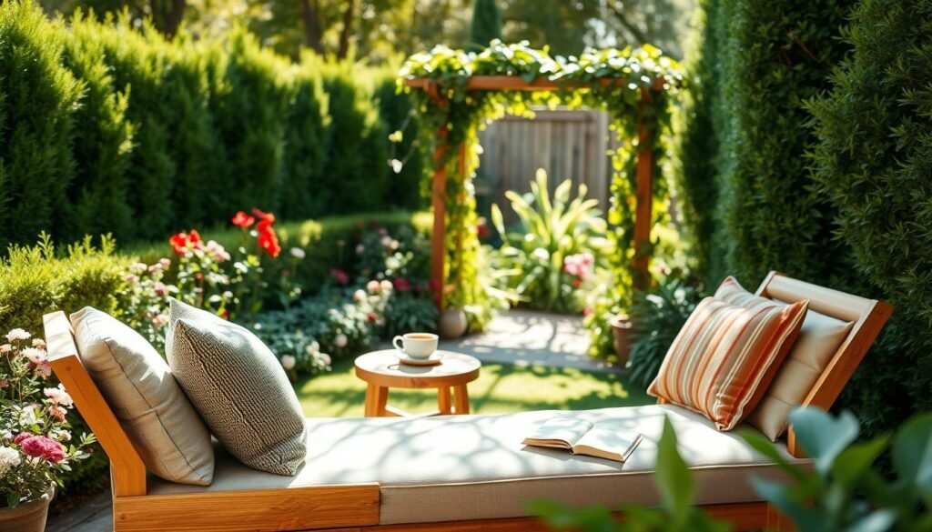 A serene backyard sanctuary featuring a cozy corner retreat. In the foreground, a comfortable, well-cushioned outdoor lounge chair made of natural wood, adorned with soft, colorful throw pillows. A small, rustic wooden coffee table holds a steaming cup of tea and a book. The middle ground showcases a lush garden with blooming flowers and vibrant greenery, creating a sense of privacy. Tall hedges frame the space, while a charming wooden trellis covered with climbing vines adds vertical interest. In the background, soft sunlight filters through the leaves, casting gentle shadows on the ground, evoking a warm and inviting atmosphere. The scene is captured with a shallow depth of field to emphasize the cozy corner, with bright, natural lighting that enhances the colors and textures, creating an ideal setting for relaxation and retreat.