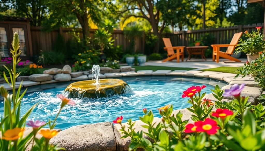 A serene backyard scene featuring a beautifully designed water feature, such as a gently flowing fountain or a small pond surrounded by smooth stones. In the foreground, vibrant green plants and colorful flowers bloom around the water, adding life and vibrancy. In the middle, the water flows softly, reflecting the clear blue sky and the surrounding lush foliage. The background showcases a cozy seating area with natural wood furniture, inviting relaxation. The scene is illuminated by soft, warm sunlight filtering through the trees, creating a tranquil atmosphere. The image captures the essence of peace and tranquility, perfect for a quiet retreat in nature.