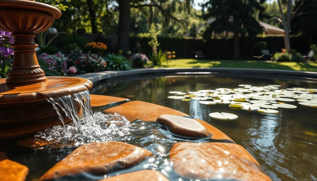 A serene backyard scene featuring peaceful water elements, such as a gently flowing fountain surrounded by lush greenery and colorful flowers. In the foreground, the fountain's sparkling water cascades over smooth stones, creating soft ripples that reflect the warm, soft sunlight. In the middle ground, delicate lily pads float on a calm pond, while dragonflies dance above the water's surface. In the background, tall trees filter the sunlight, casting dappled shadows on the ground, enhancing the tranquil atmosphere. The overall mood is relaxed and inviting, ideal for fostering a sense of calm and rejuvenation. The scene is captured with a wide-angle lens, emphasizing the spaciousness and harmony of nature, bathed in natural brightness and soft hues.