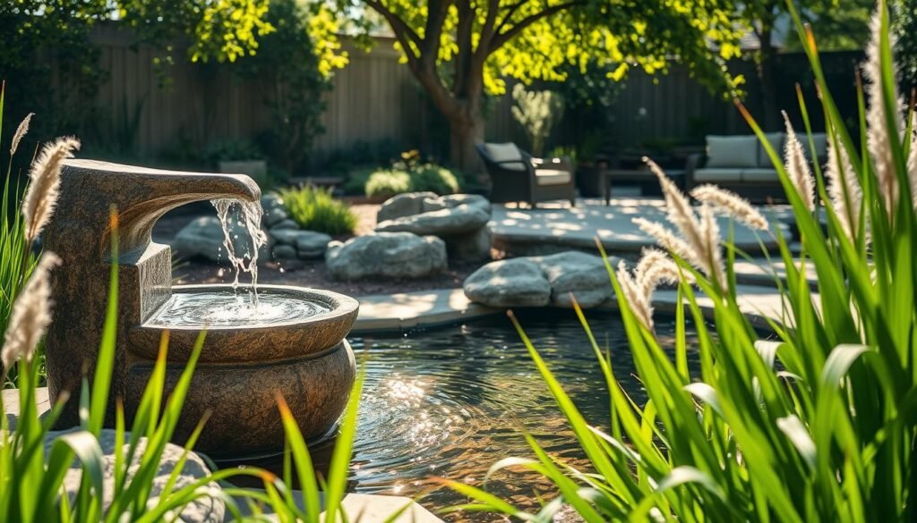 A serene backyard scene featuring soothing water features, such as a gracefully curving stone fountain and a small pond with gently rippling water. In the foreground, lush green plants and ornamental grasses frame the water, adding texture and color. The middle ground showcases the sparkling water of the fountain, shimmering under the soft, warm sunlight filtering through leafy trees, creating dappled shadows on the ground. The background reveals a cozy seating area with comfortable outdoor furniture positioned invitingly near the water, enhancing the tranquil ambiance. The overall mood is peaceful and inviting, perfect for relaxation. The image should capture bright natural light, emphasizing the airy feel of the space, with a focus on generating a harmonious balance between light, shade, and the calming presence of water.