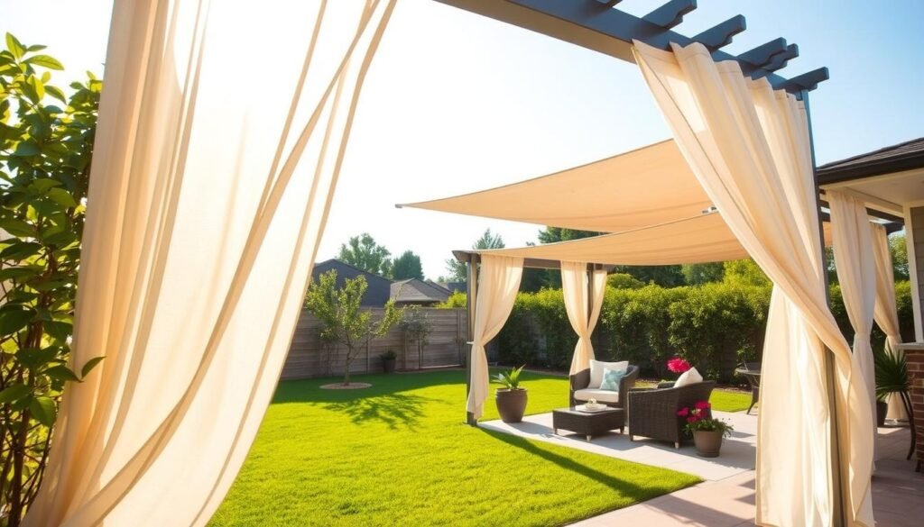 A serene backyard scene featuring stylish shade structures that provide protection from sun, wind, and rain. In the foreground, a modern pergola adorned with climbing vines and soft, flowing outdoor curtains gently sways in a light breeze. The middle ground showcases an inviting seating area with weather-resistant furniture, surrounded by potted plants and flowers, all bathed in bright natural light. In the background, a lush green lawn meets a clear sky, emphasizing the comfort these structures bring. The atmosphere is tranquil and inviting, filled with warm, soft sunlight filtering through the shade. Capture this scene from a slightly elevated angle to showcase the layout and harmony of the backyard space, focusing on enhancing the feeling of comfort and shelter. A serene backyard scene featuring stylish shade structures that provide protection from sun, wind, and rain. In the foreground, a modern pergola adorned with climbing vines and soft, flowing outdoor curtains gently sways in a light breeze. The middle ground showcases an inviting seating area with weather-resistant furniture, surrounded by potted plants and flowers, all bathed in bright natural light. In the background, a lush green lawn meets a clear sky, emphasizing the comfort these structures bring. The atmosphere is tranquil and inviting, filled with warm, soft sunlight filtering through the shade. Capture this scene from a slightly elevated angle to showcase the layout and harmony of the backyard space, focusing on enhancing the feeling of comfort and shelter.