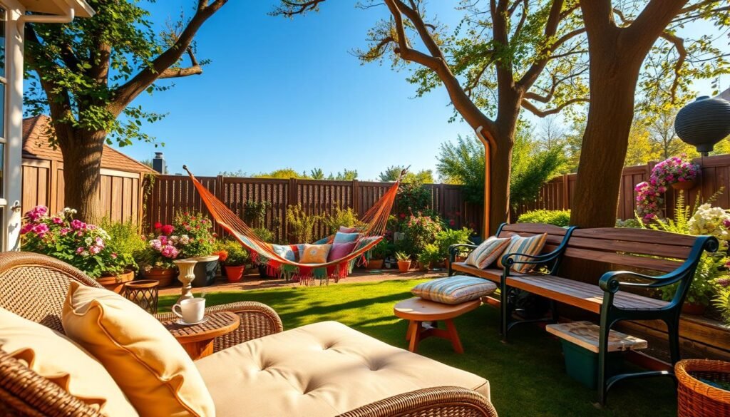A serene backyard scene featuring various comfortable outdoor seating options. In the foreground, a cozy rattan lounge chair with plush cushions, accompanied by a small wooden side table with a steaming cup of tea. In the middle ground, a stylish hammock gently swaying between two trees, adorned with colorful throw pillows. A rustic wooden bench, surrounded by potted plants, adds charm and character. In the background, a lush garden with blooming flowers and greenery under a clear blue sky. The scene is bathed in soft, warm sunlight, creating a relaxing atmosphere that invites ultimate relaxation. Shot with a wide-angle lens to capture the expansive space, emphasizing the beauty and tranquility of the outdoor area.